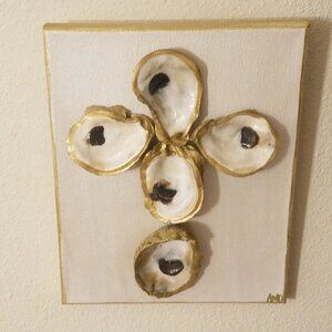 Gold Oyster Cross on Canvas Art, Christian, Religious Gift Coastal Beach Art
